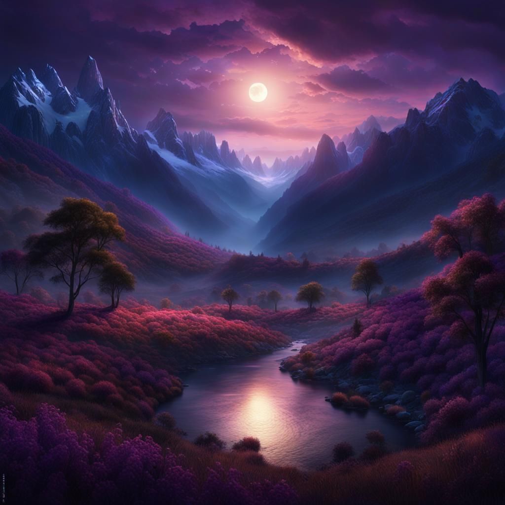 Moonlit Valley in Albert Bierstadt Style