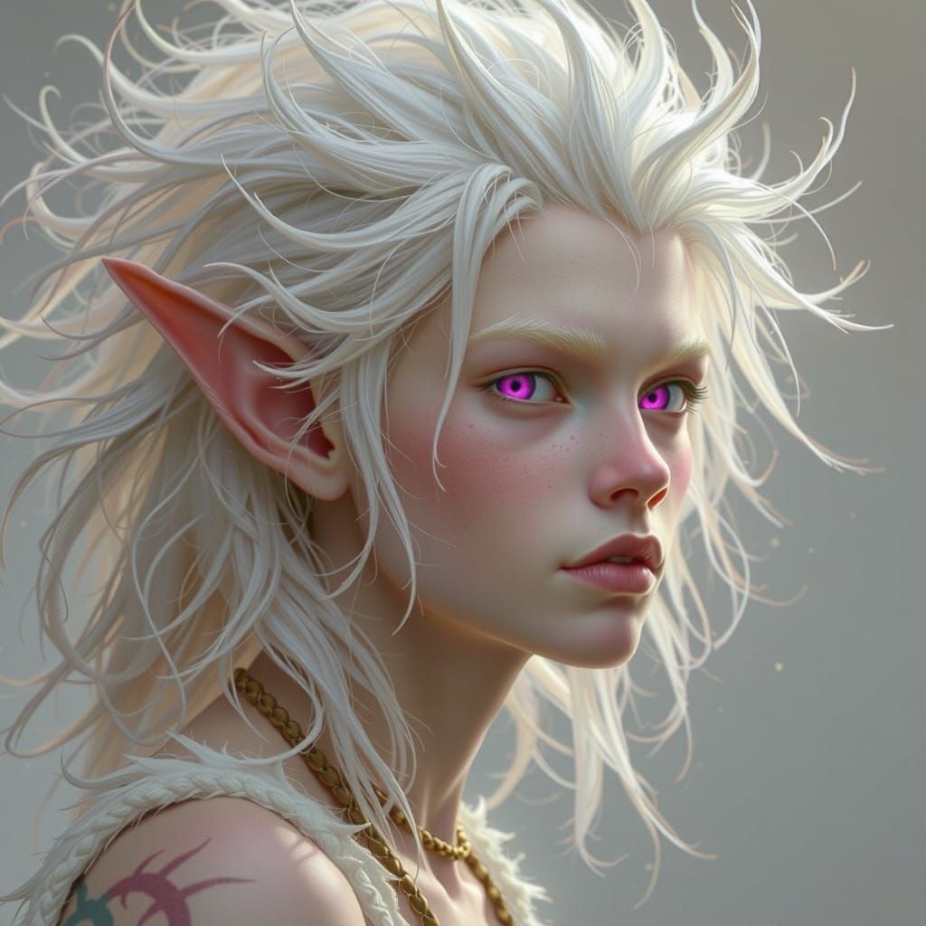 Albino Elf with Pink Eyes and Wild Hair