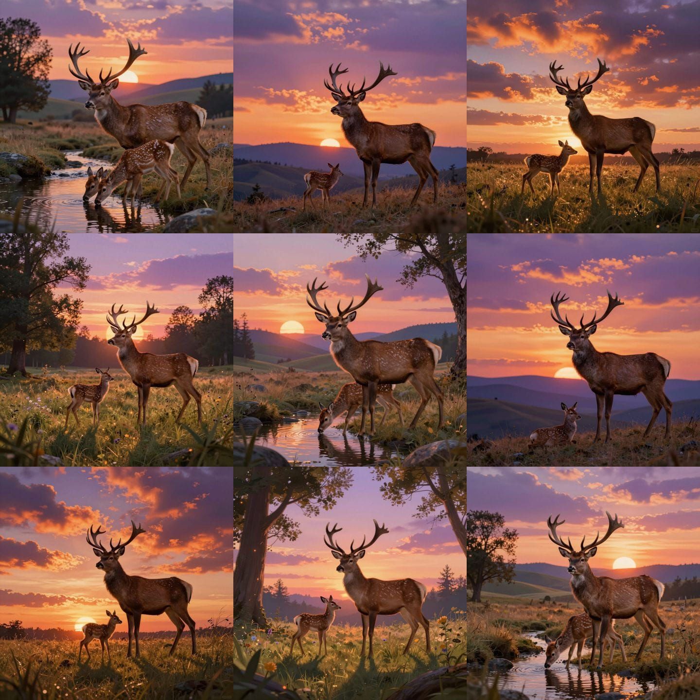 Deer and Fawn at Sunset in Maximalist Digital Matte Style