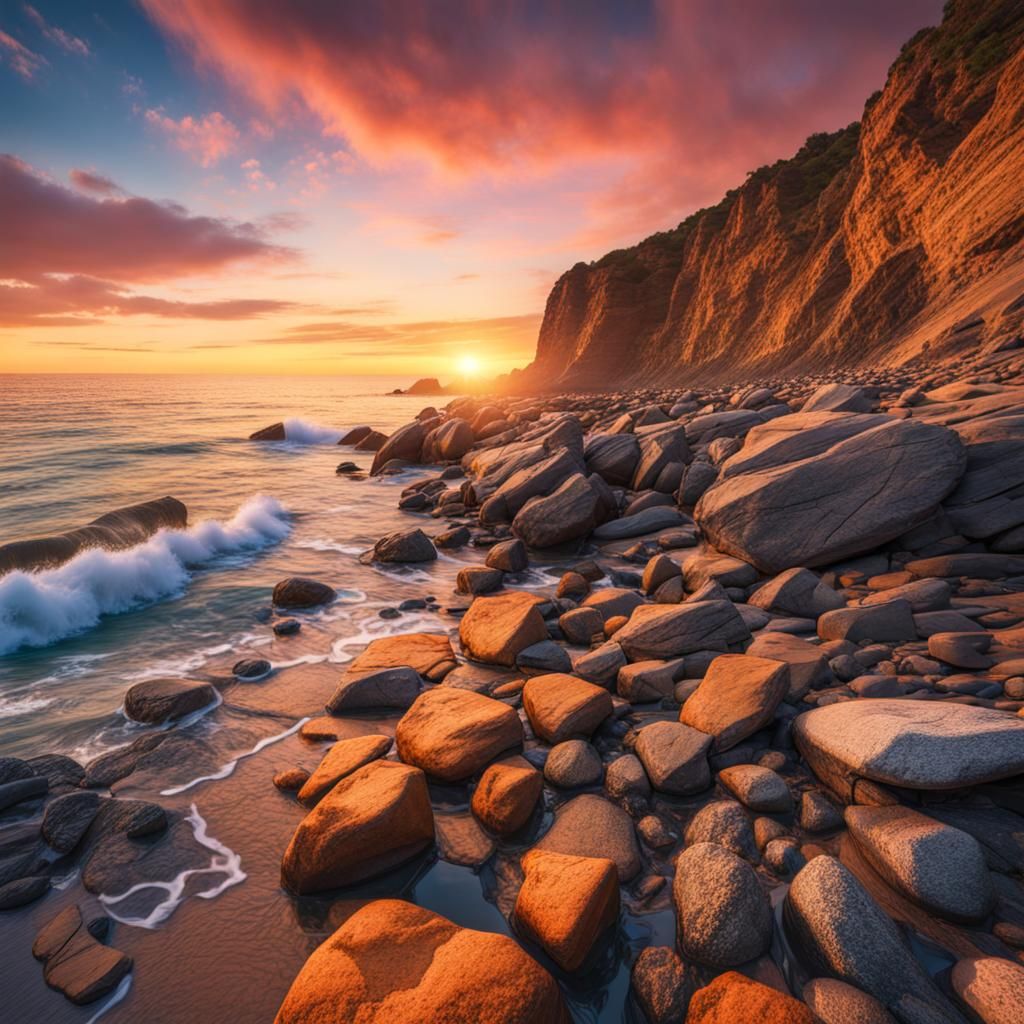 Photorealistic Sunset Over Rocky Coastal Cliff