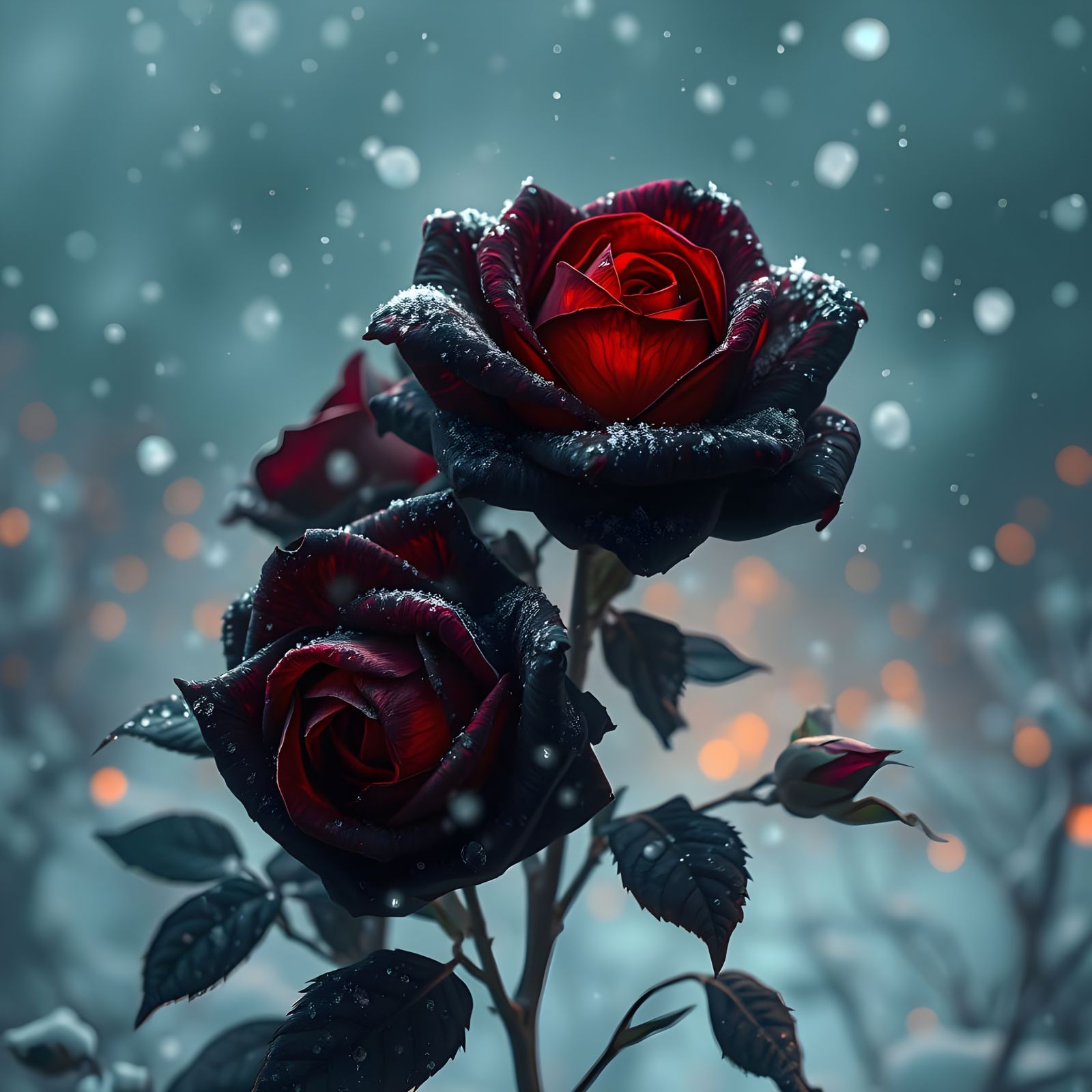 Mysterious Black Roses in a Winter Wonderland Scene