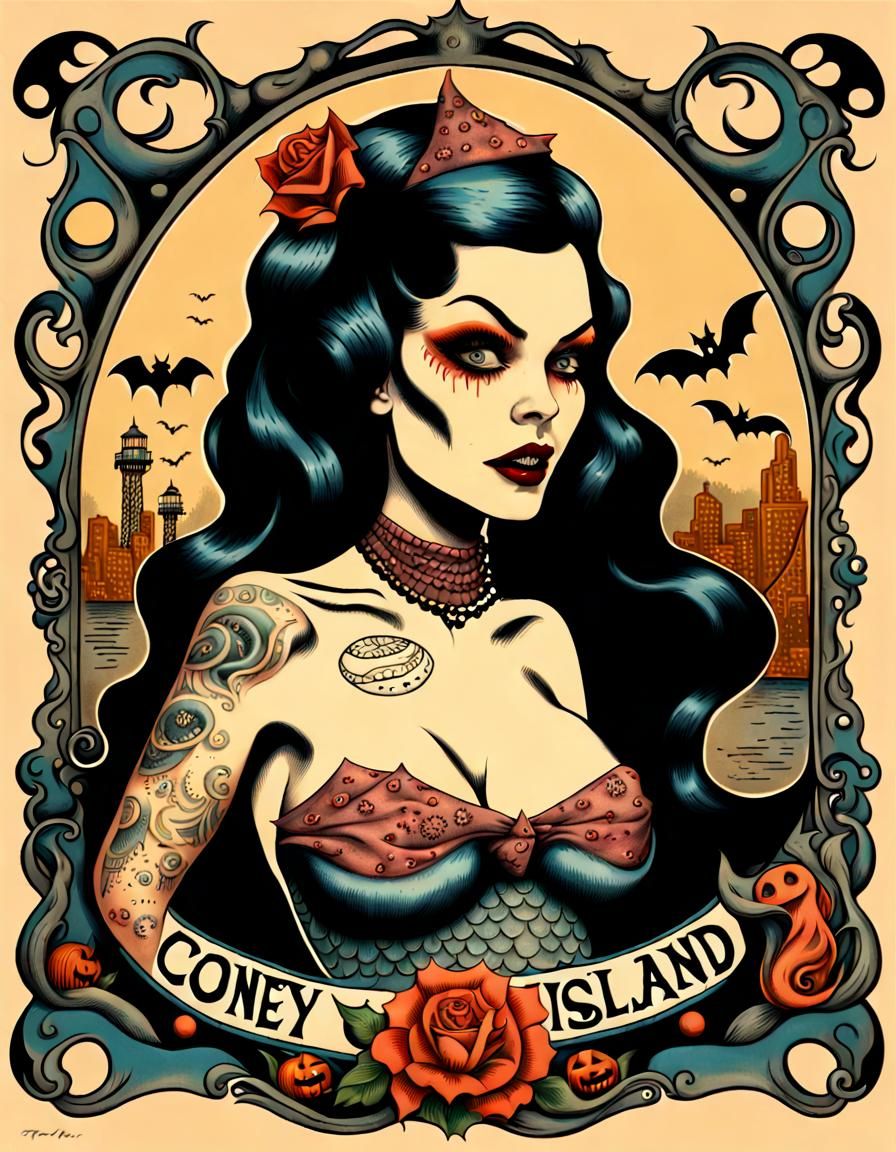 Vintage Coney Island Halloween Vampire Mermaid