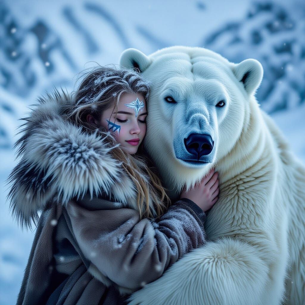Arctic Girl and Polar Bear in Snowy Embrace