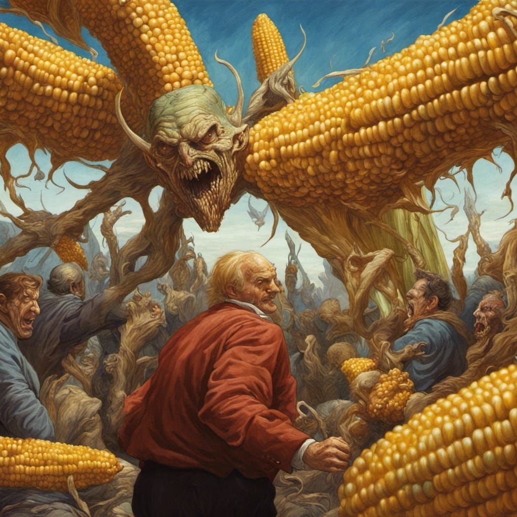 Corn Monster Horror Art in Gouache Style