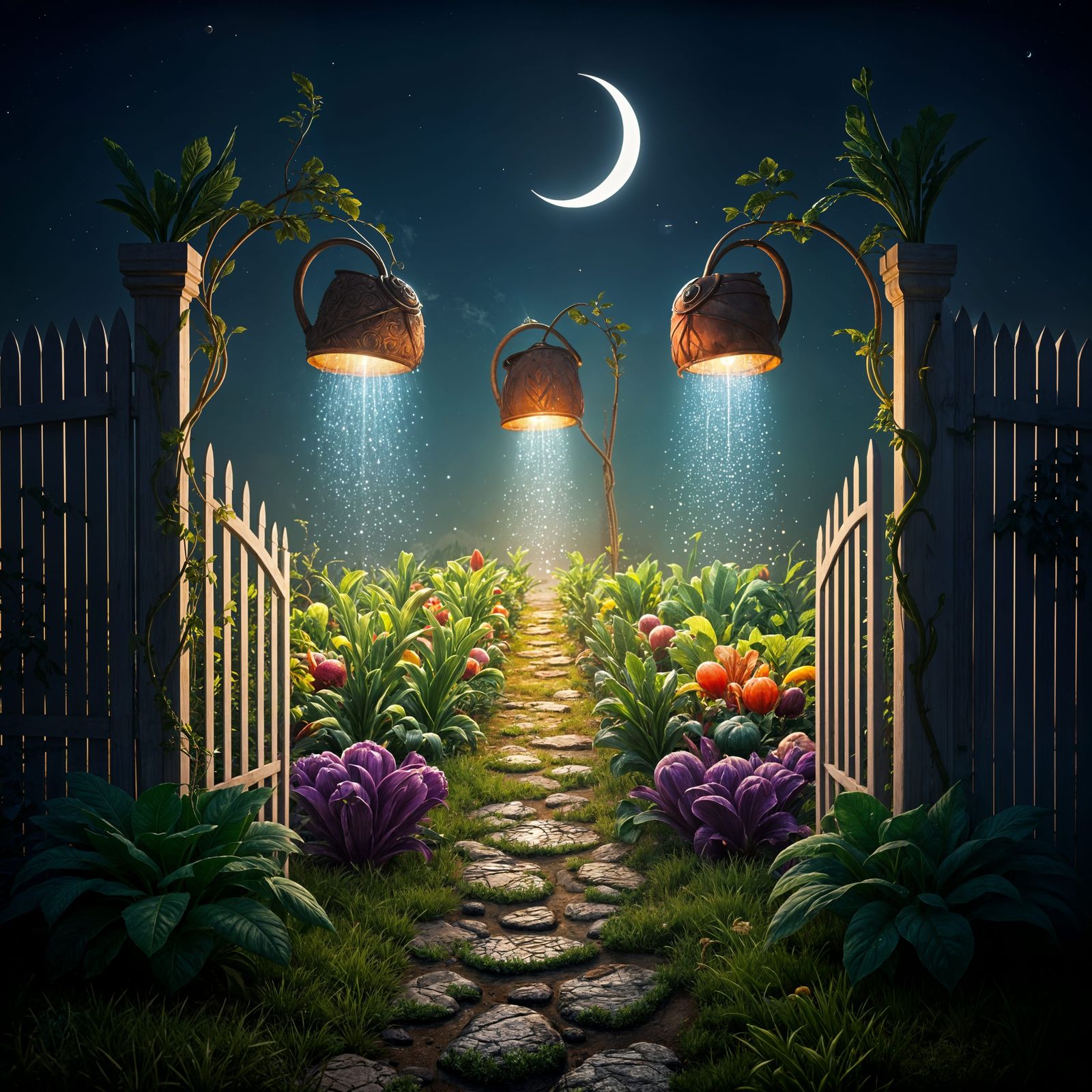 Magical Vegetable Garden with Watering Can Lamps