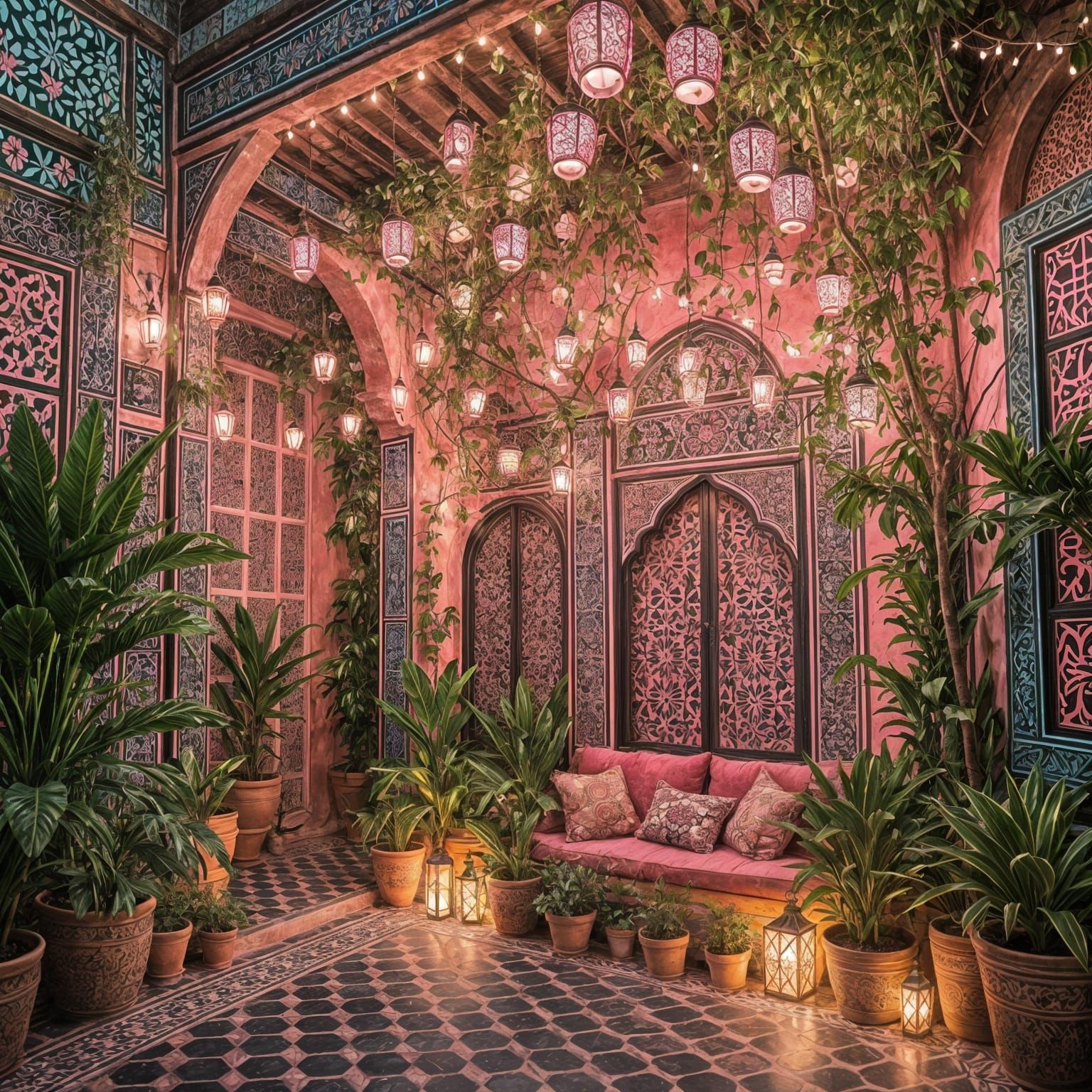 Vibrant Neon Pink Moroccan Garden at Night