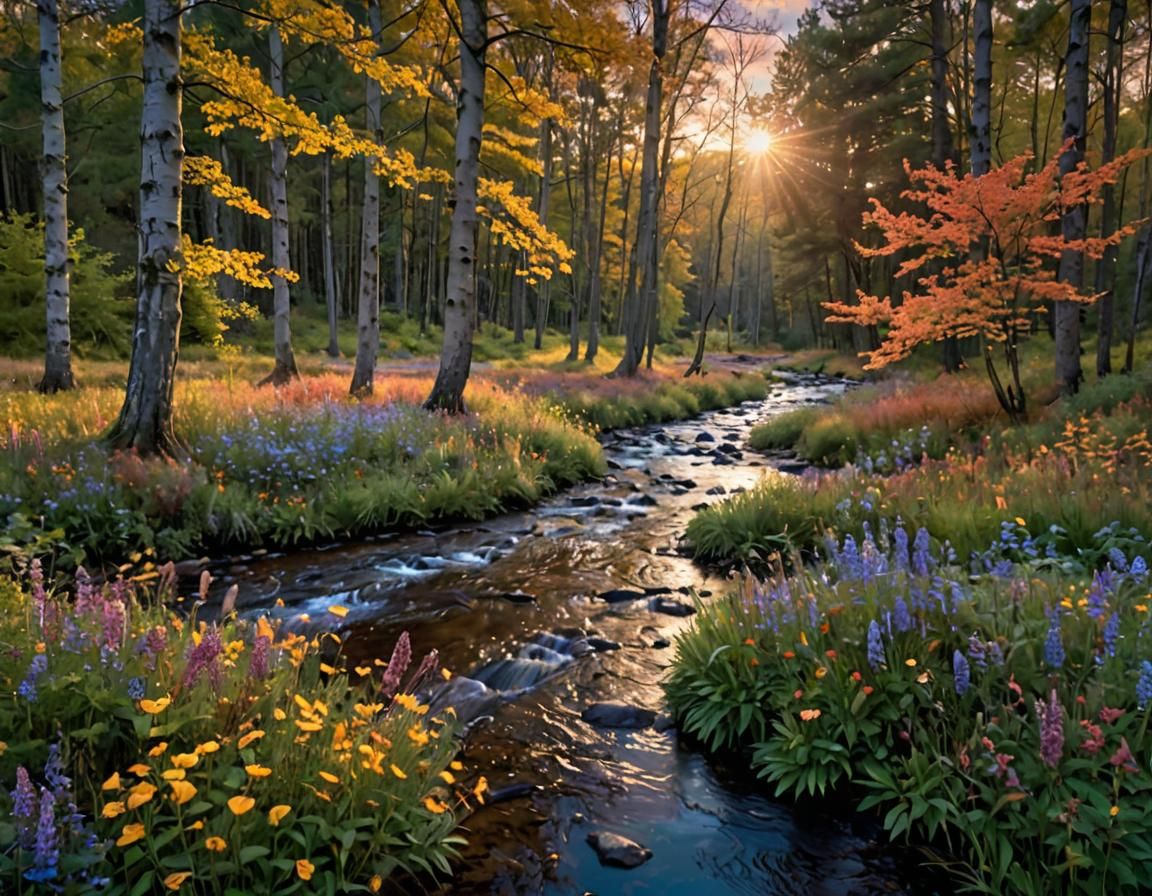 Autumn Forest Stream Under Moody Sky Watercolour