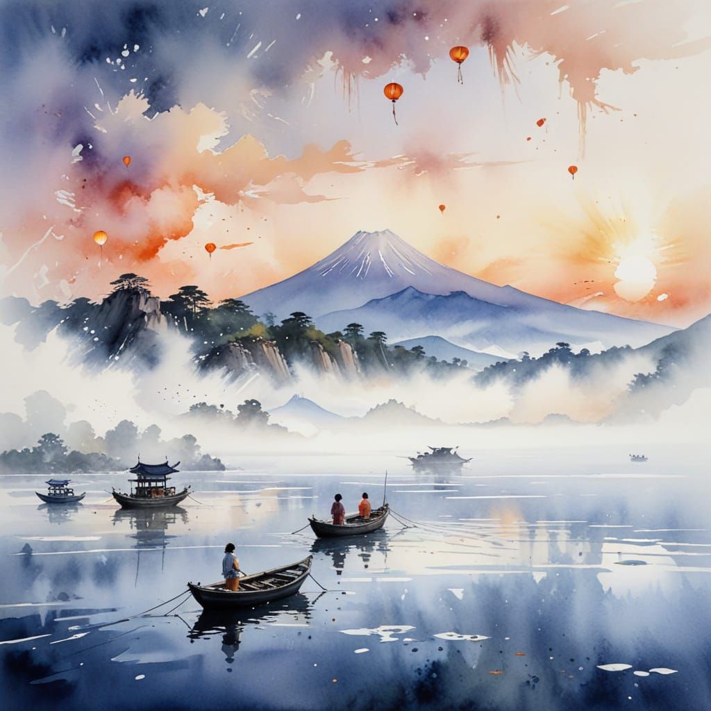 Ancient Dawn on Serene Lake Biwa