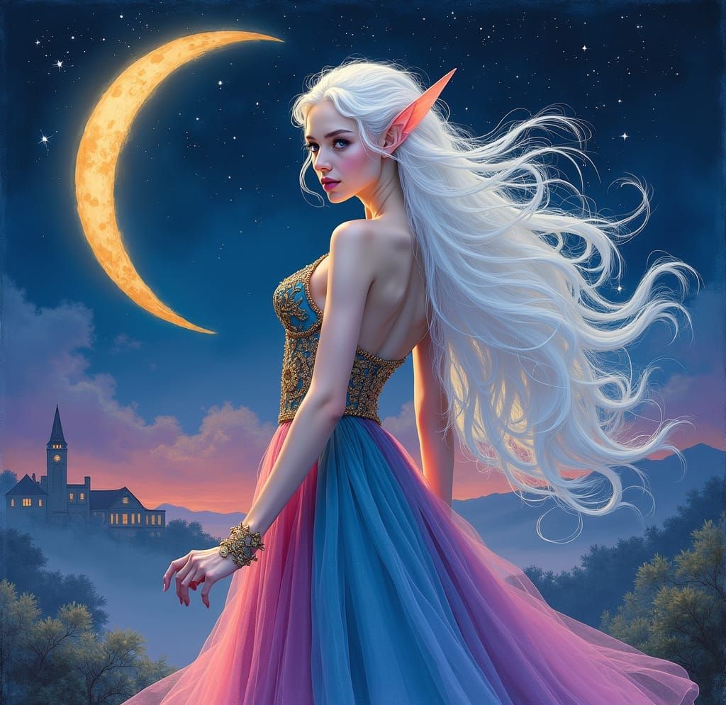Majestic Lunar Elf in Ethereal Moonlight, Watercolor Art