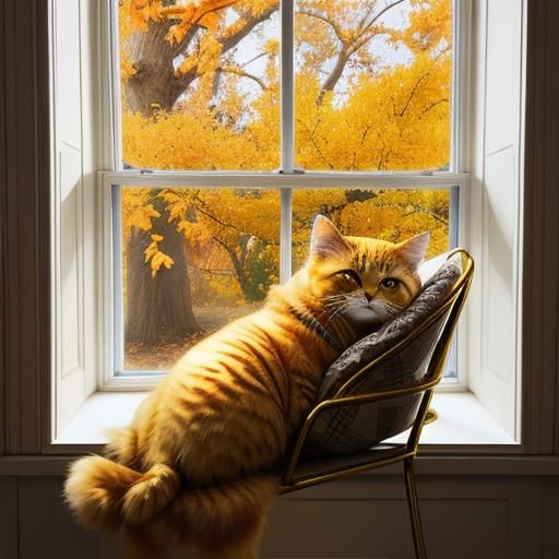Contented Golden Cat Watching Autumn Leaves Fall