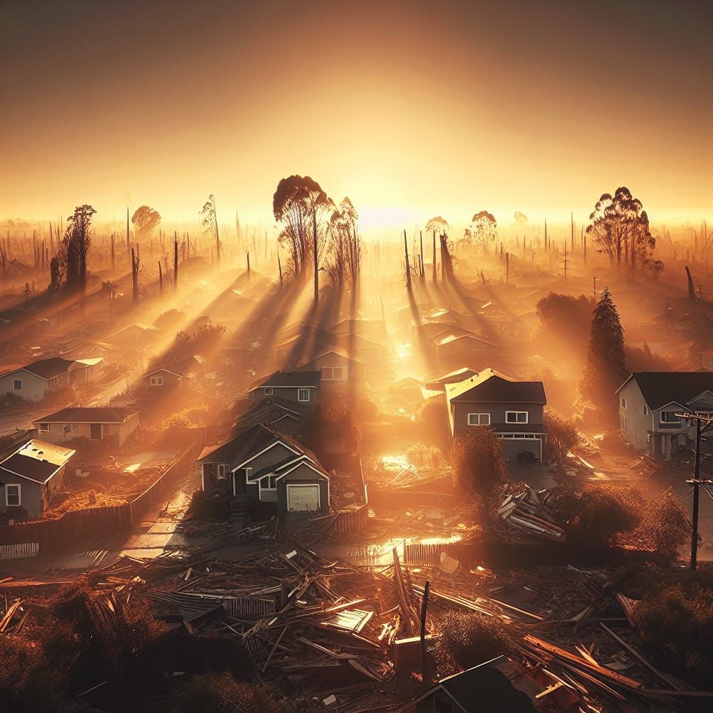 Hopeful Post-Catastrophe Landscape in Warm Sunlight