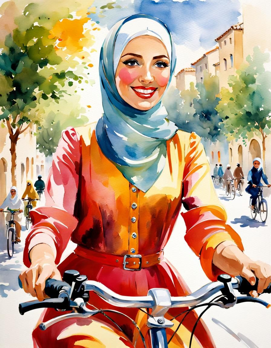 Vibrant Watercolor Portrait of Woman on Bicycle