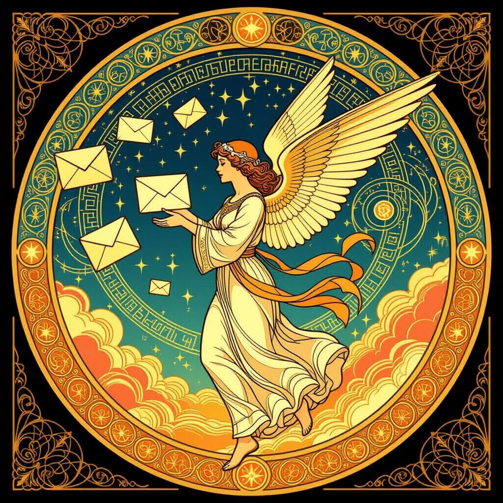 Angel Postman Delivering Galactic Letters in Art Nouveau Sty...