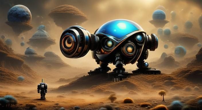 Dreamy Robot in Whimsical Futuristic Landscape