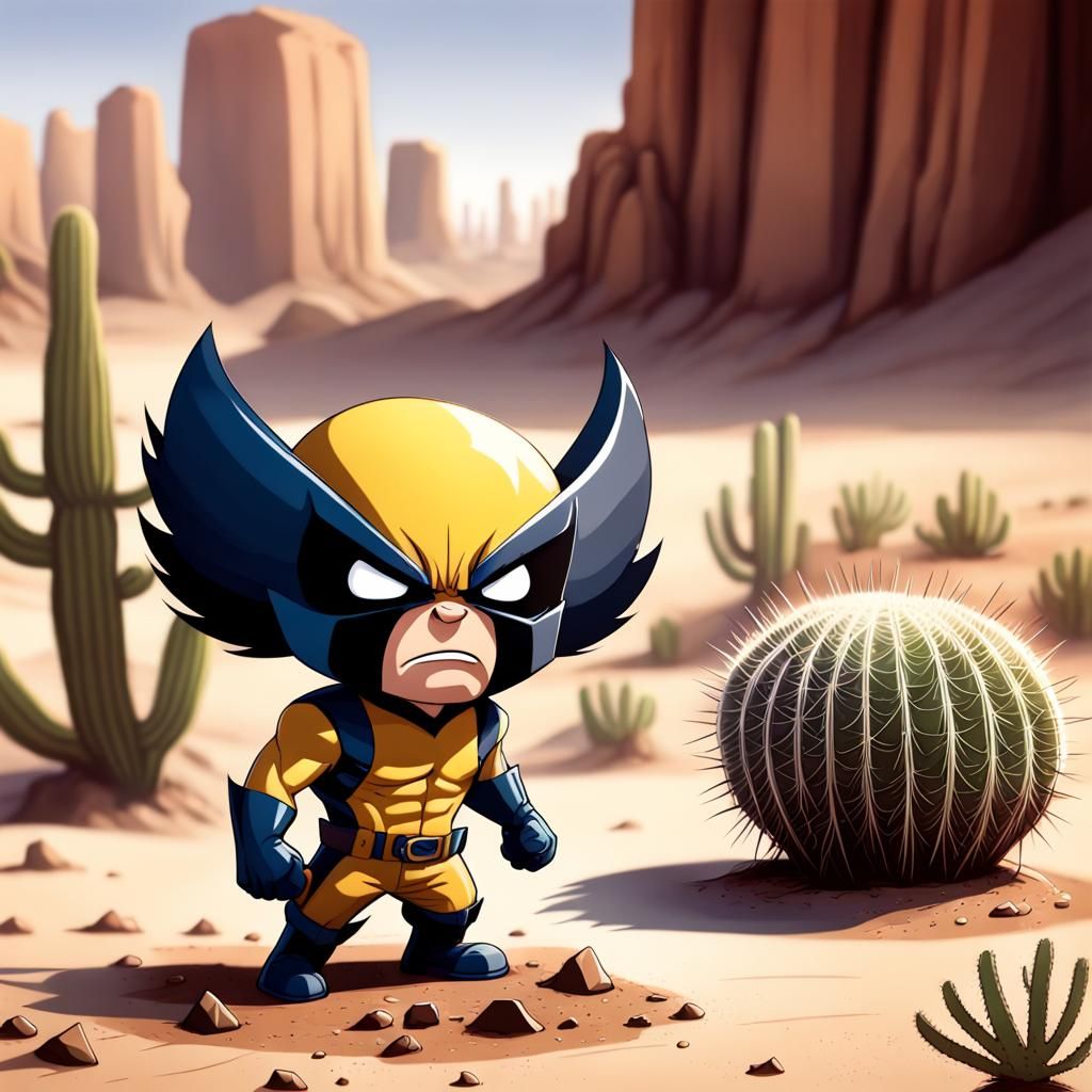 Chibi Wolverine in Desert Wasteland, Pixar Style