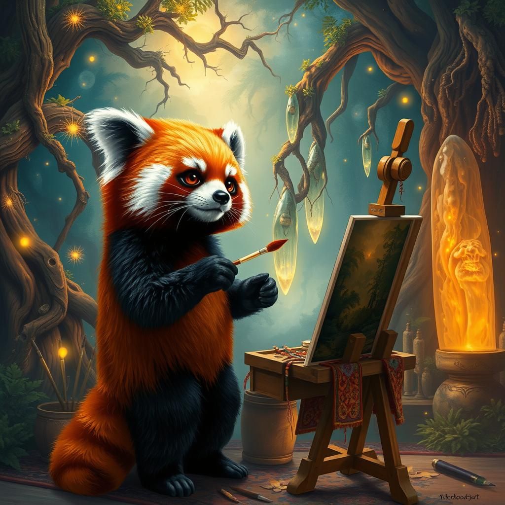 Red Panda Artist in Mystical Forest, Hyper-Realistic Digital...