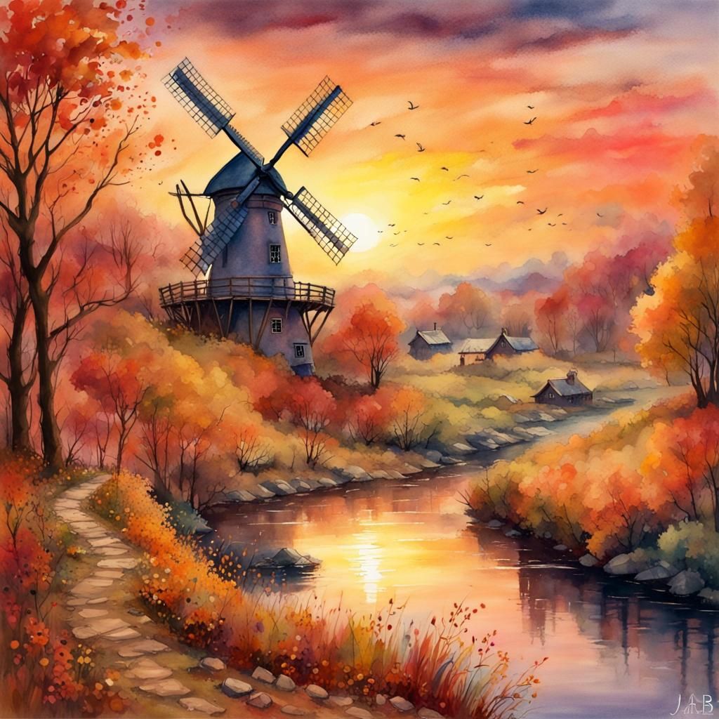 Fantasycore Autumn Windmill Sunset Watercolour Painting