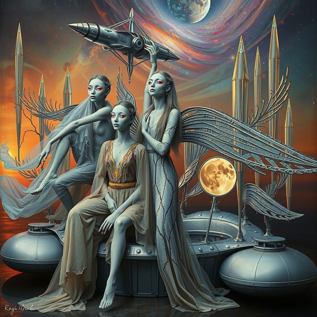 Cosmic Trio on Spaceship in Surreal Galaxy