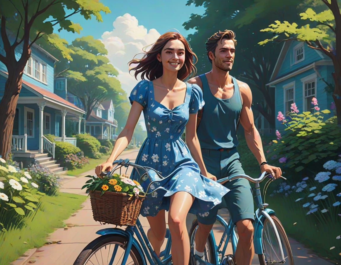 Beautiful Young Couple Pedals to College in Vibrant Sundress...