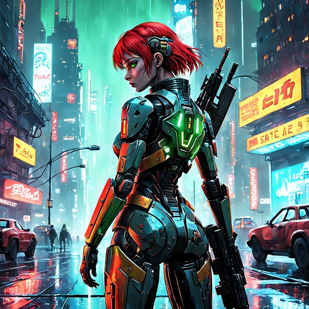 Cyberpunk Gynoid Warrior in High-Tech Armor, Neon Metropolis