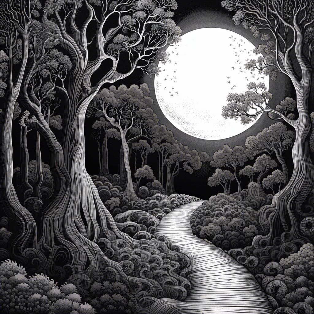 Ominous Night Forest in Black and White Ink