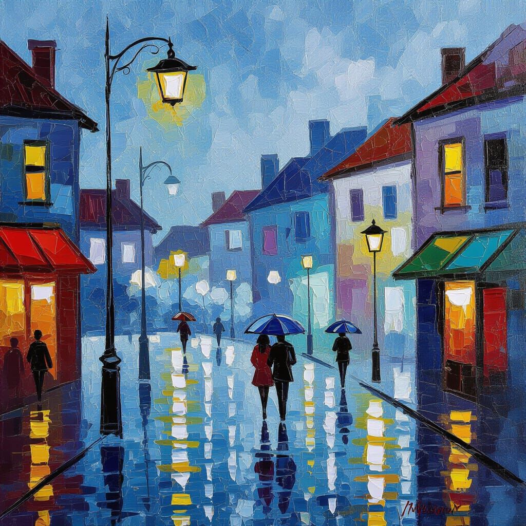 Neo-Impressionist City Rain Scene with Thick Paint
