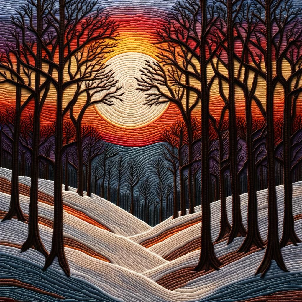 Embroidered Winter Sunset: Crewel Embroidery Scene