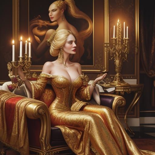 Hedonist Indulgence in Opulent Hall: Vivid Digital Art