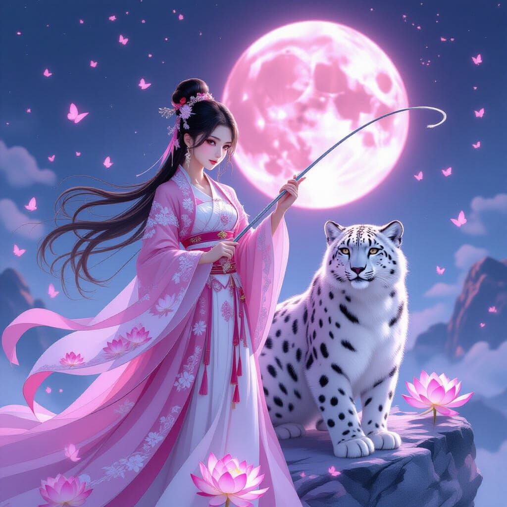 Girl with Snow Leopard and Moon in Fantasy Art Style
