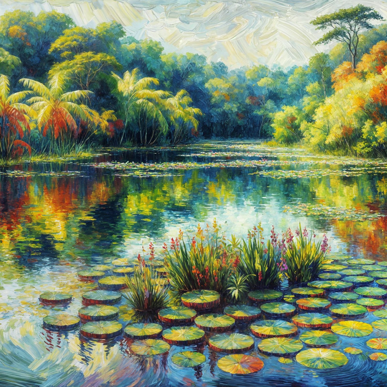 Tropical Lake Reflection in Impressionistic Primary Colors