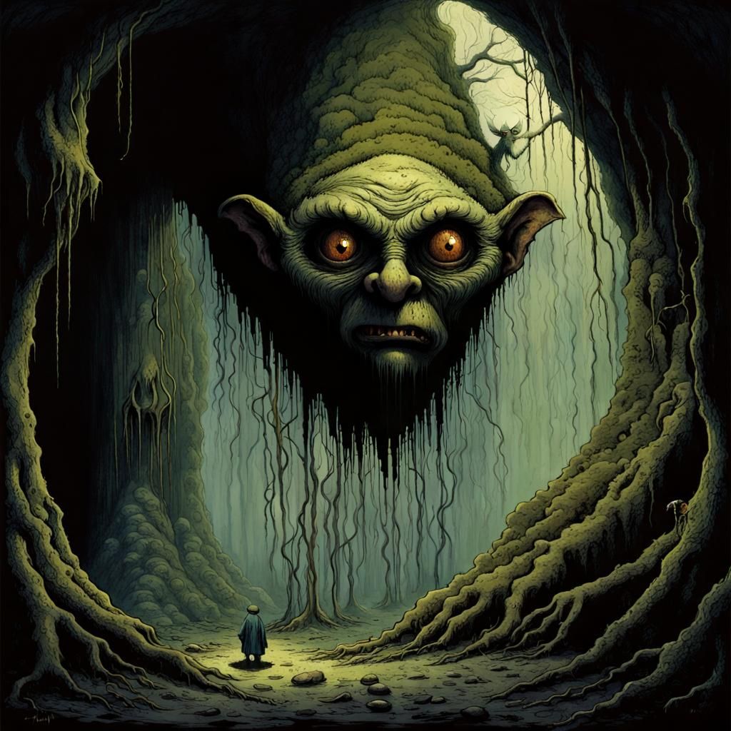 Creepy Troll Guarding Underground Cavern in Dark Fantasy Sty...