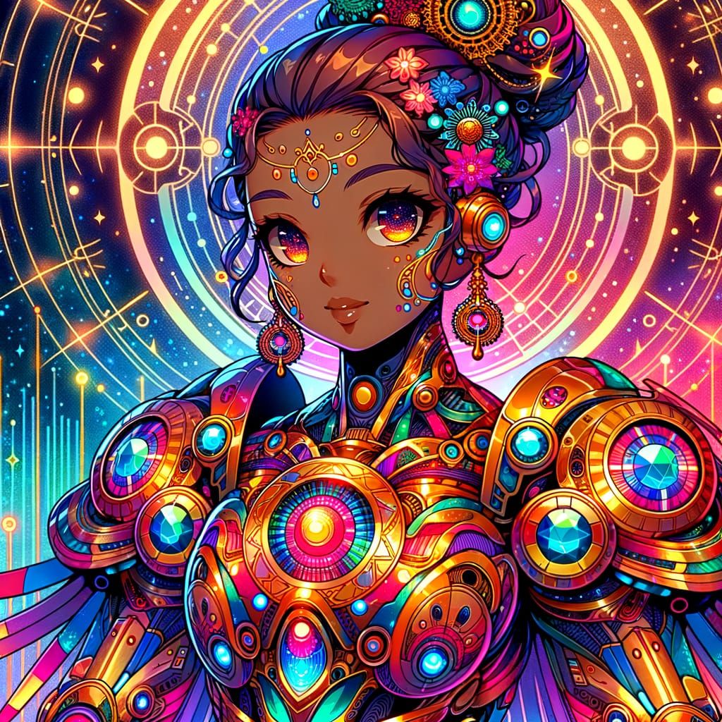 Anime Woman in Cybernetic Armor with Mystical Aura