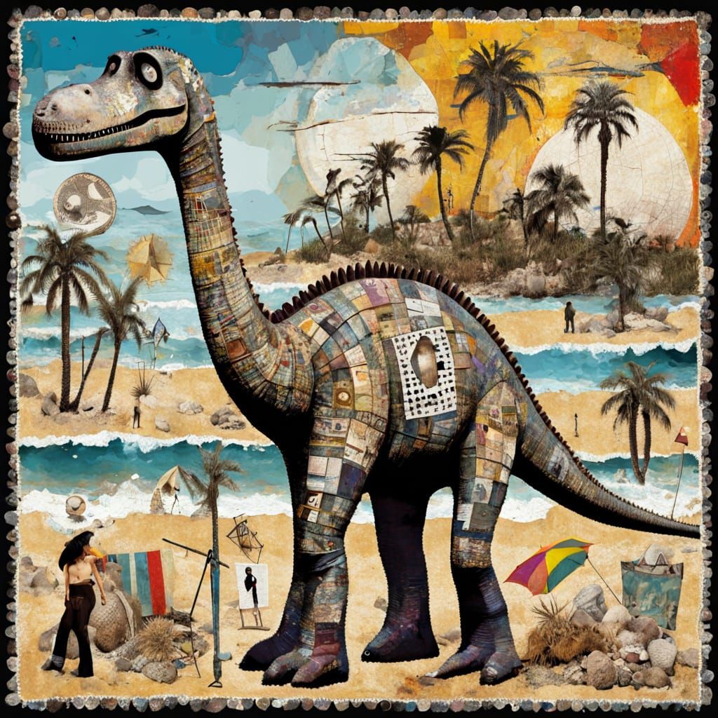 Dada Collage: Diplodocus at the Beach in Crochet-Punk Style
