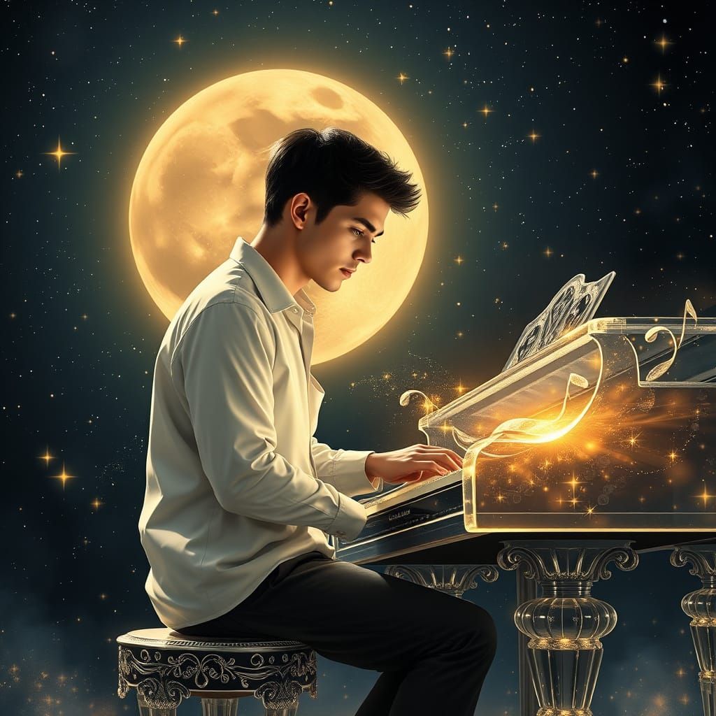 Ethereal Fantasy: Man at Glass Piano Under Stars