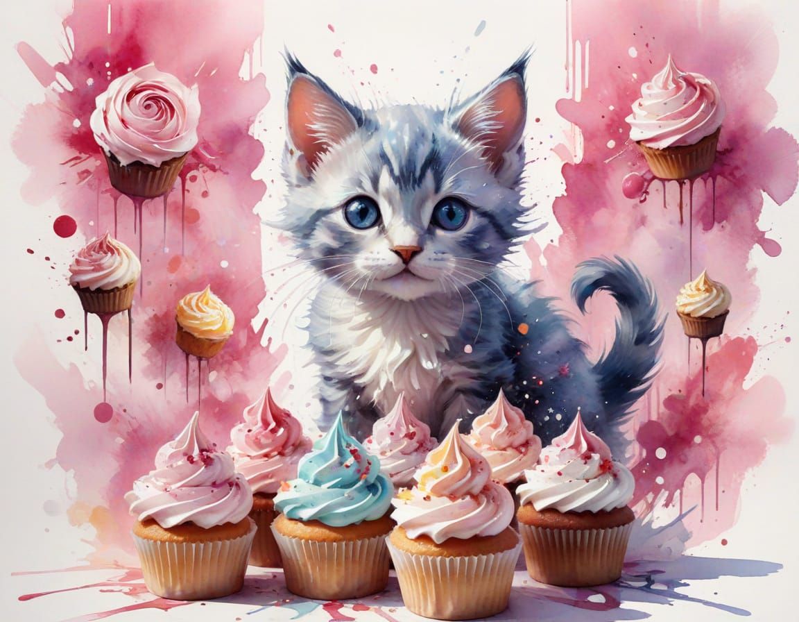 Kitten Pastry Chef in Pastel Patisserie, Digital Watercolor