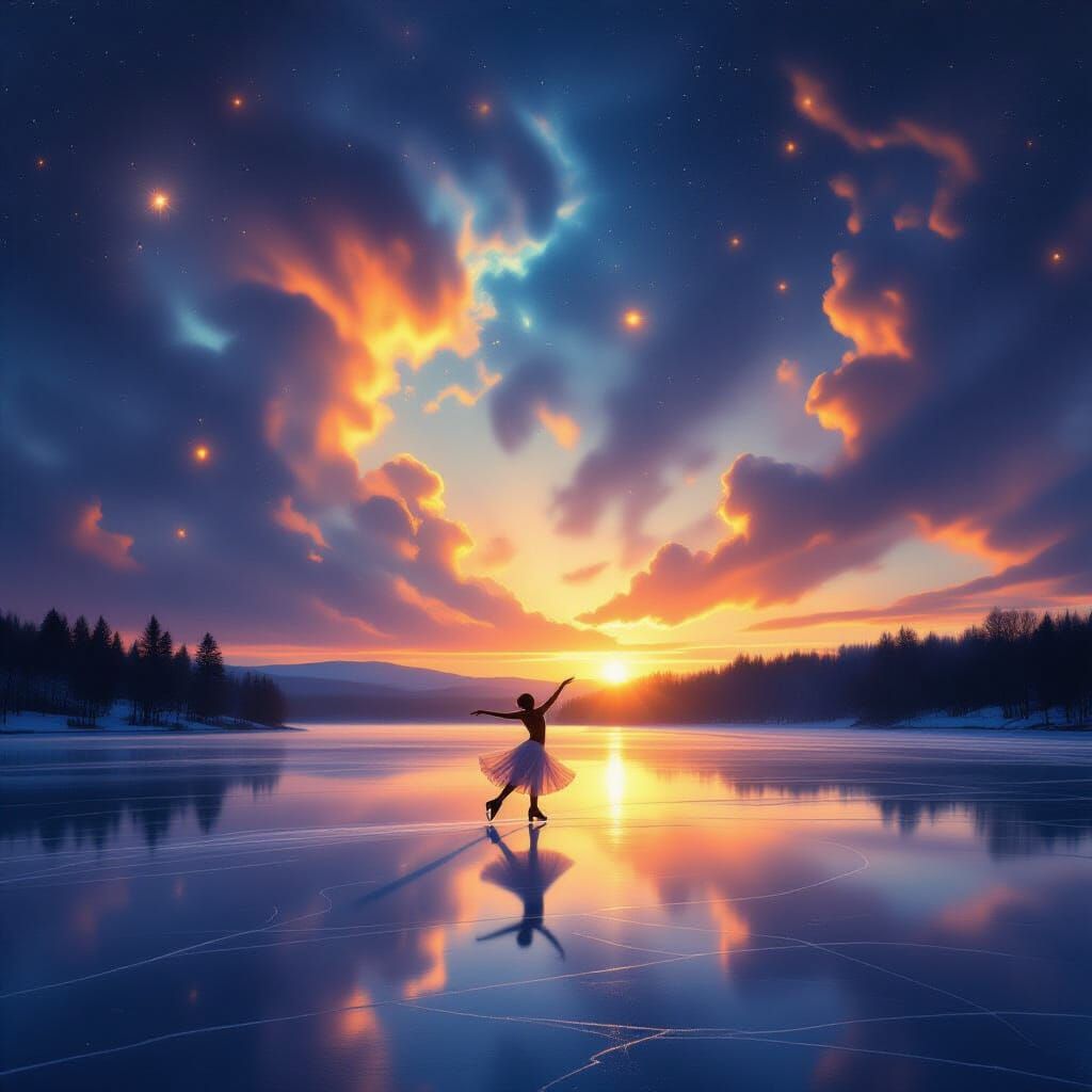 Figure Skater on Sky Lake Under Binary Sunset