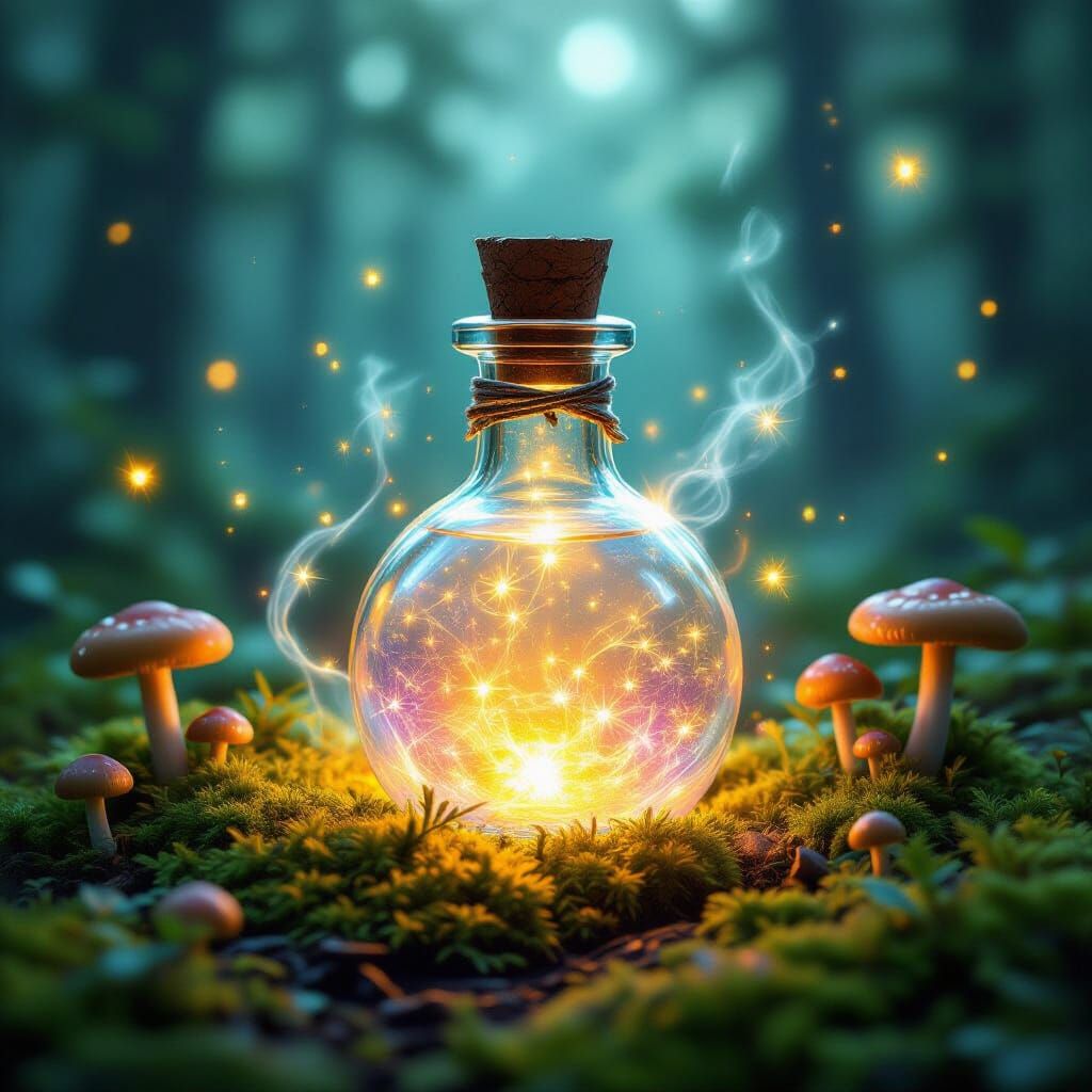 Magical Glowing Potion Bottle in Enchanted Forest
