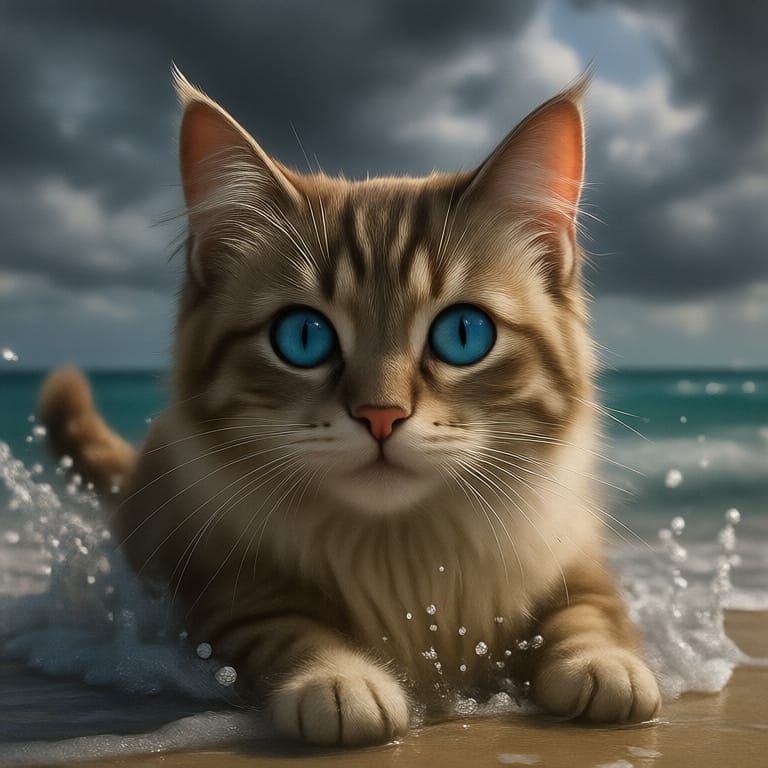 Blue-Eyed Cat Swimming on Beach