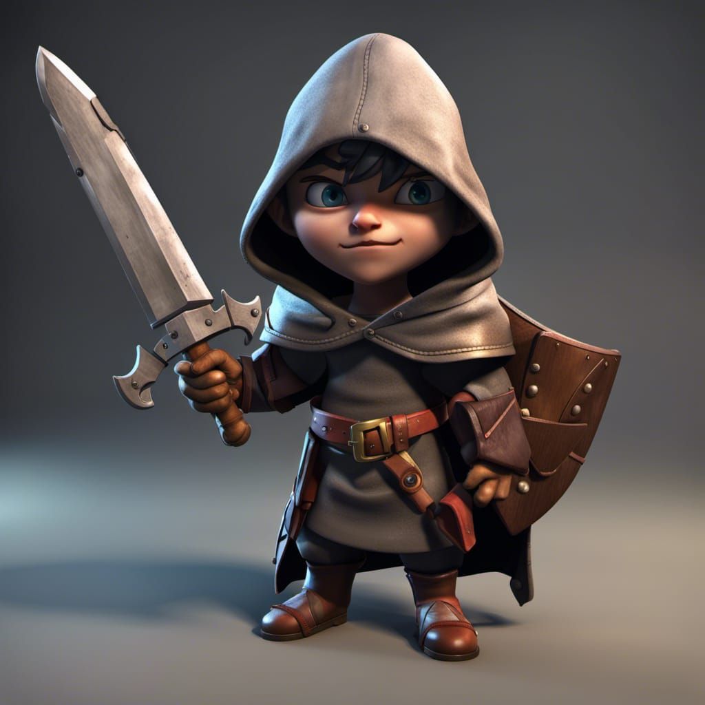 Stylized Cartoon Hero with Sword and Shield