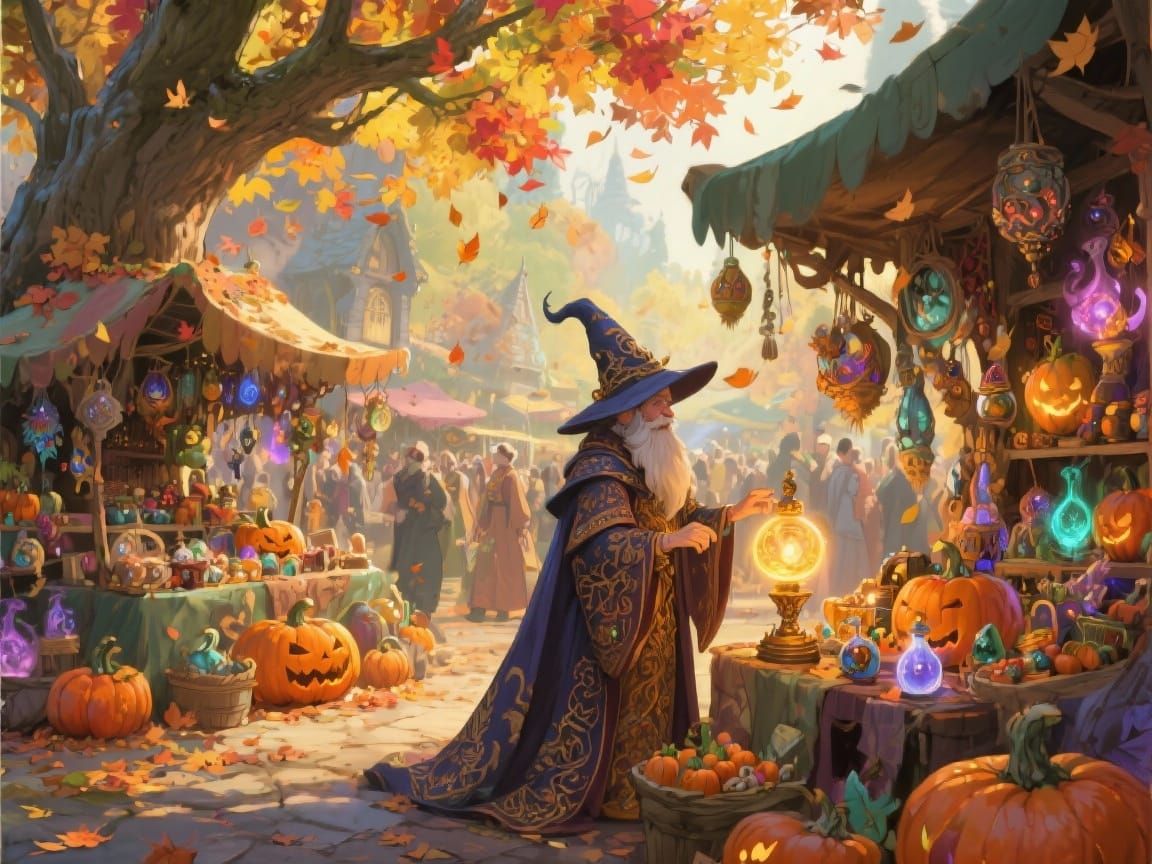 Fantasy Autumn Market Scene in Storybook Style