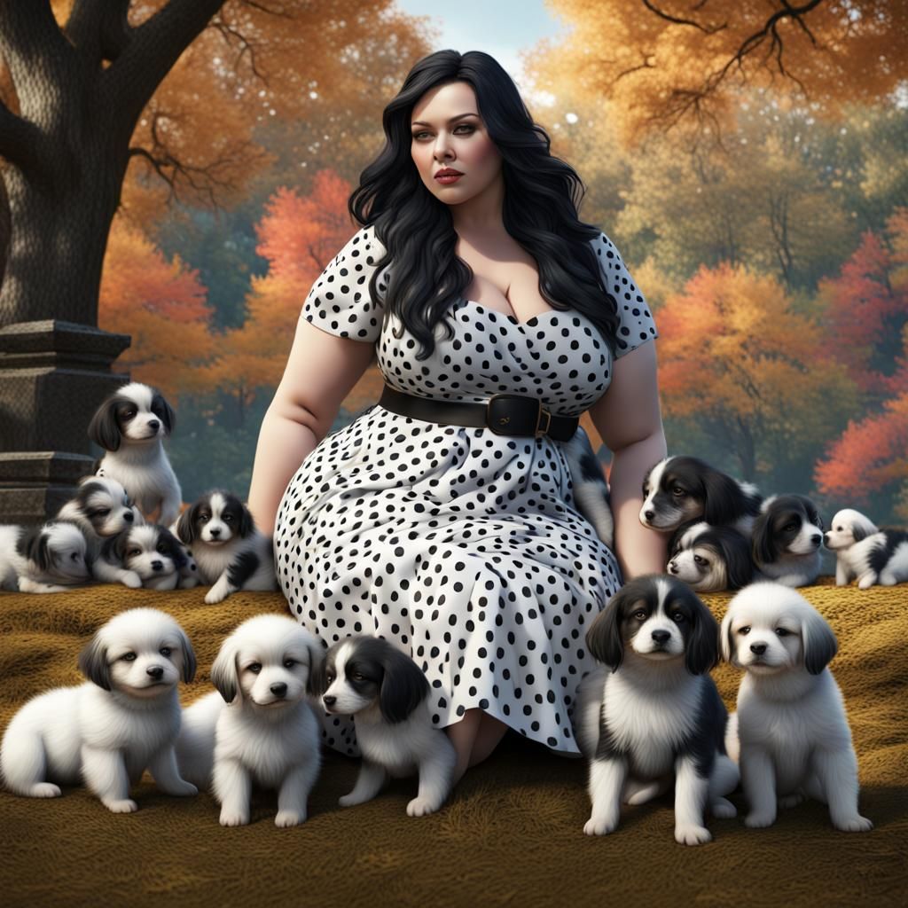 Woman with Puppies in Central Park, Digital Art