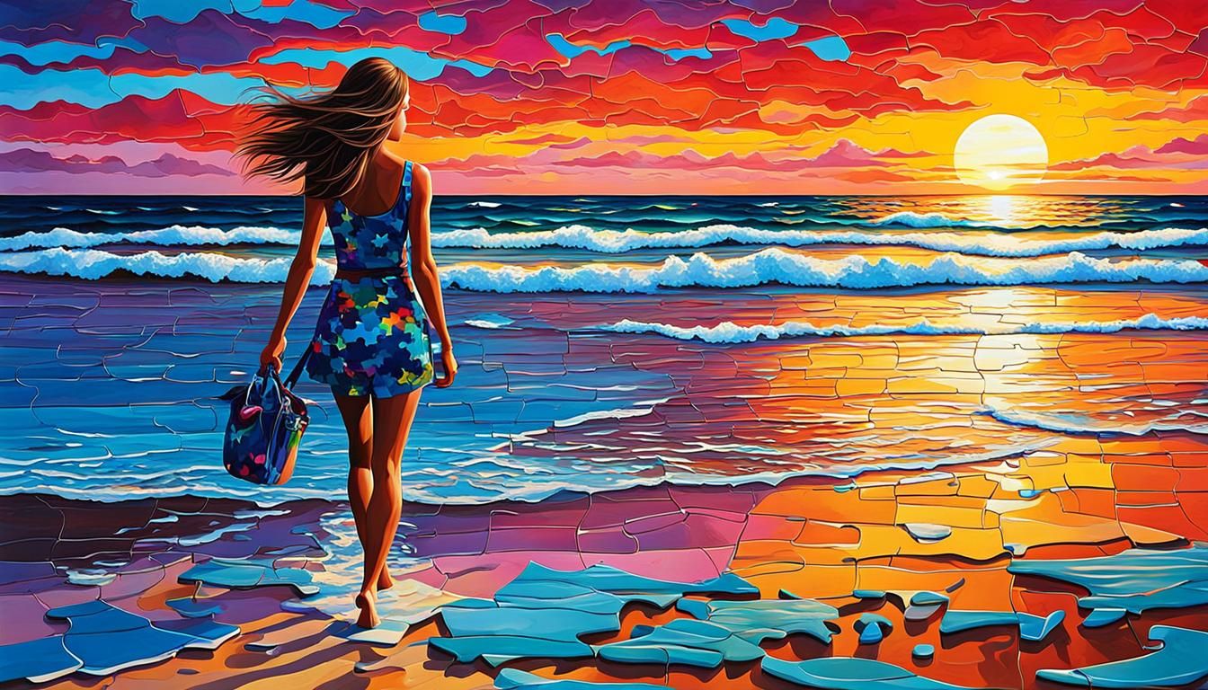 Woman walking along the beach at sunset