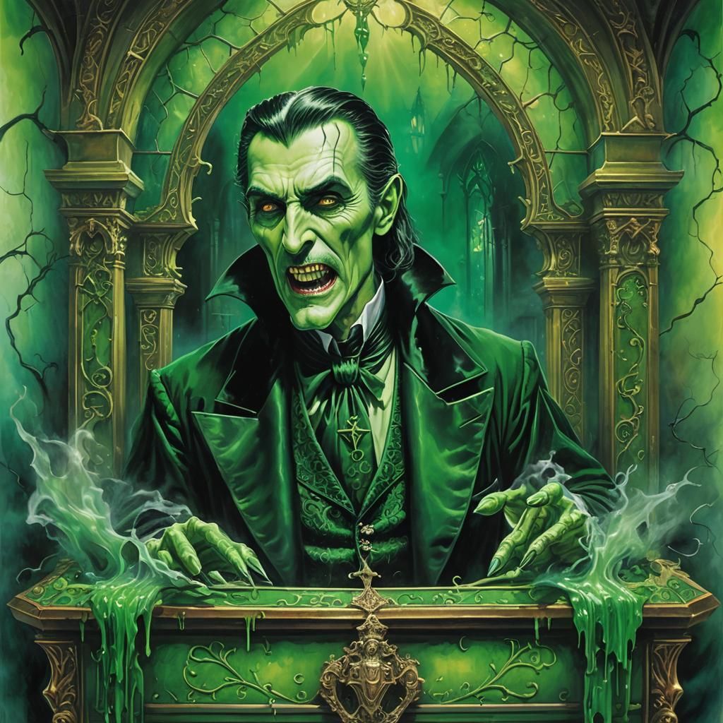 Green Dracula Rising from Coffin in Mansion