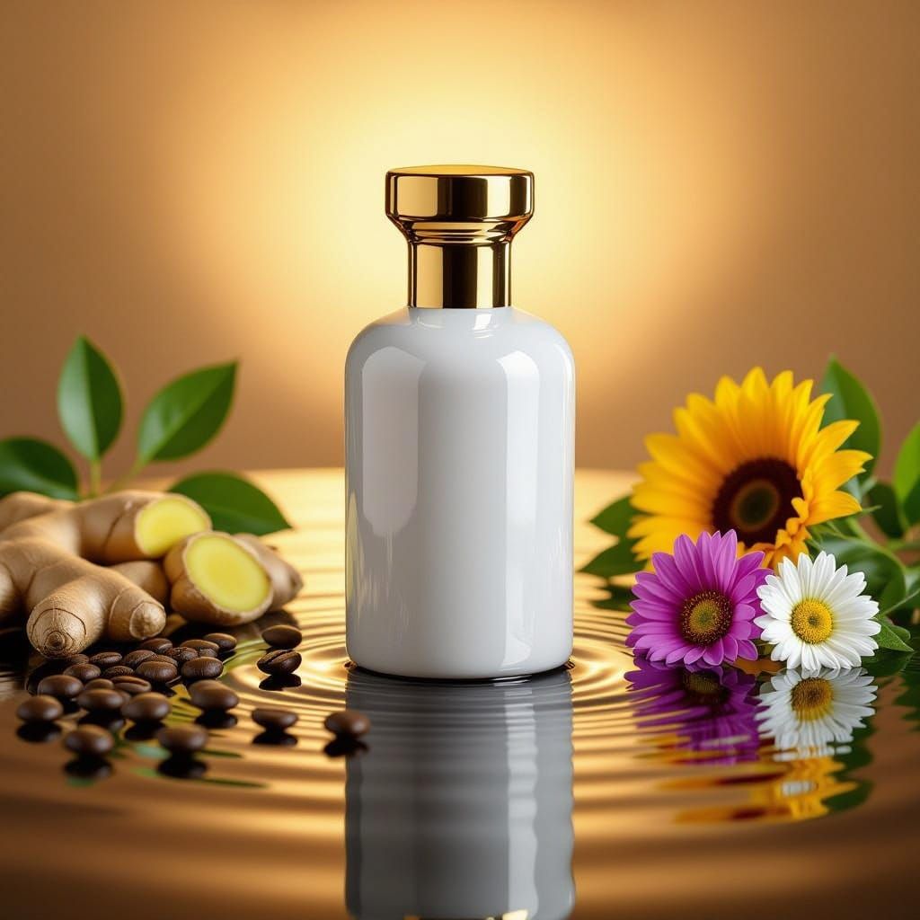 Elegant White Bottle Photography With Gold Cap and Floral Ac...