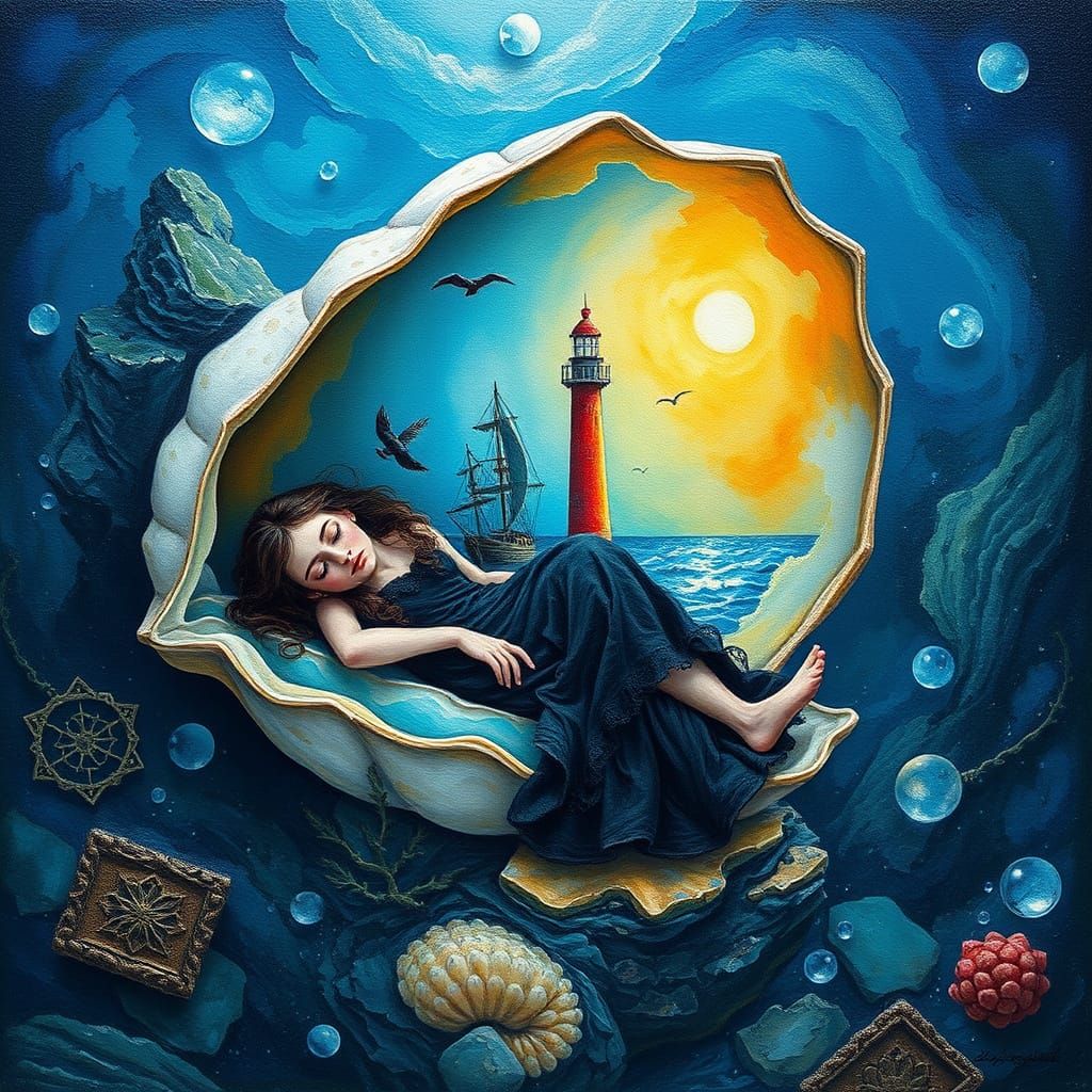 A miniature of a lighthouse inside a shell with a sleeping e...