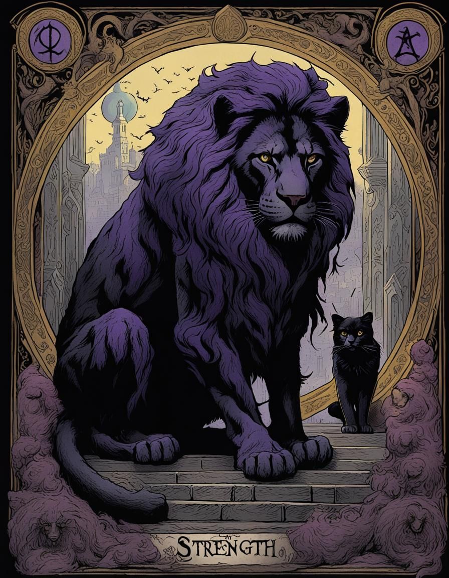 Black Cat Strength Tarot Card in Horror Style