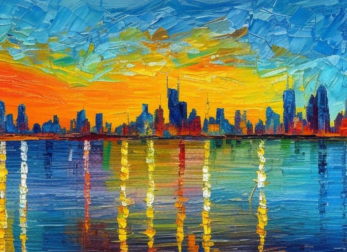 Cityscape Sunset: An Expressionist Impasto Painting