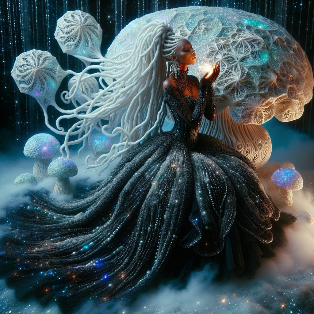 Mystical sorceress in an elegant, lustrous space-age gown wo...