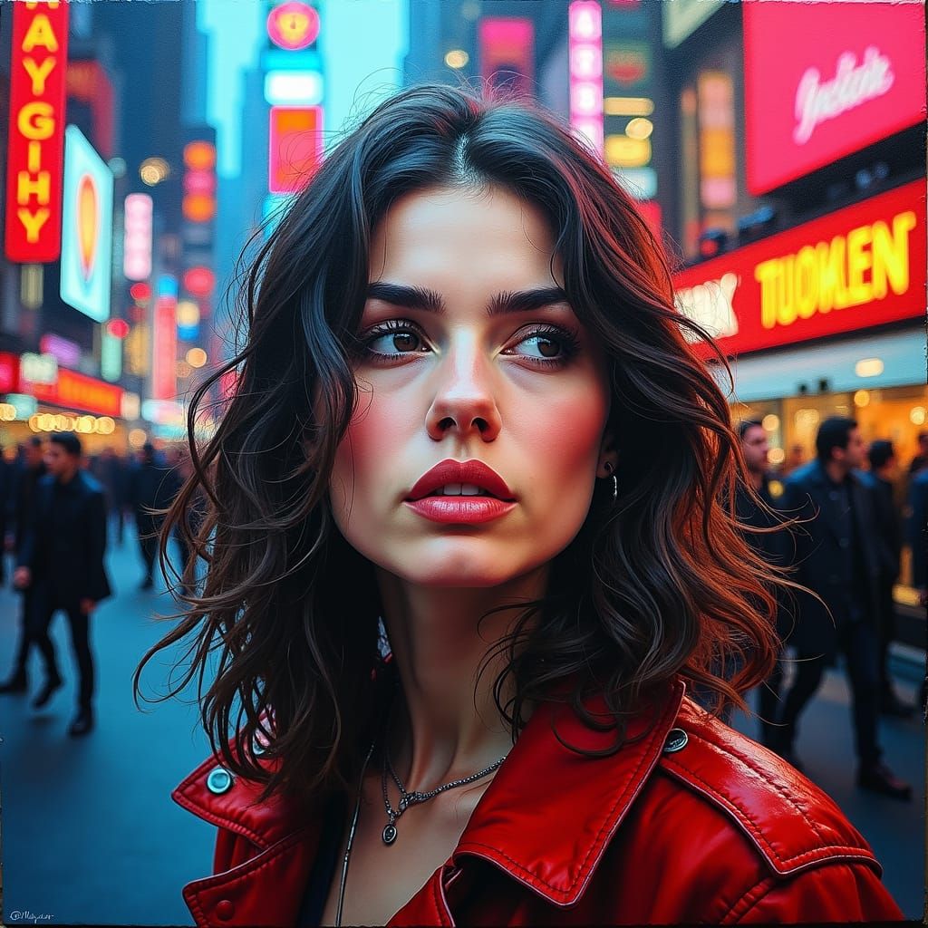 Woman in Cityscape: Impasto Painting with Neon Lights