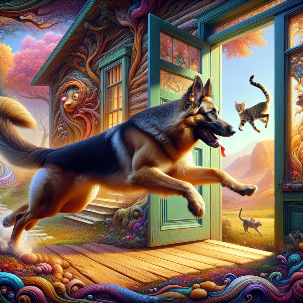 German Shepherd Chases Cat From Fantastical House